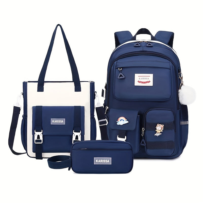 3 Pcs Preppy Solid Color Bag Set - Spacious Minimalist Backpack with Adjustable Strap, Detachable Shoulder Bag & Clutch Zipper Bag - Foldable, Polyester Lining, and Casual Style for School and Daily Use