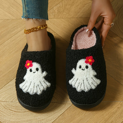 Winter Plush Slippers With Ghost & Mushroom Design, Halloween Themed Soft Sole Fuzzy Shoes, Cozy & Warm Indoor Slippers