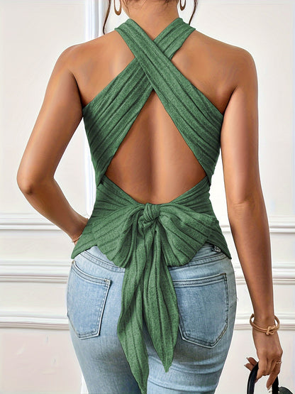 ZllKl Crisscross Tie Backless Halter Top, Sexy Solid Color Ribbed Sleeveless Top For Spring & Summer, Women's Clothing