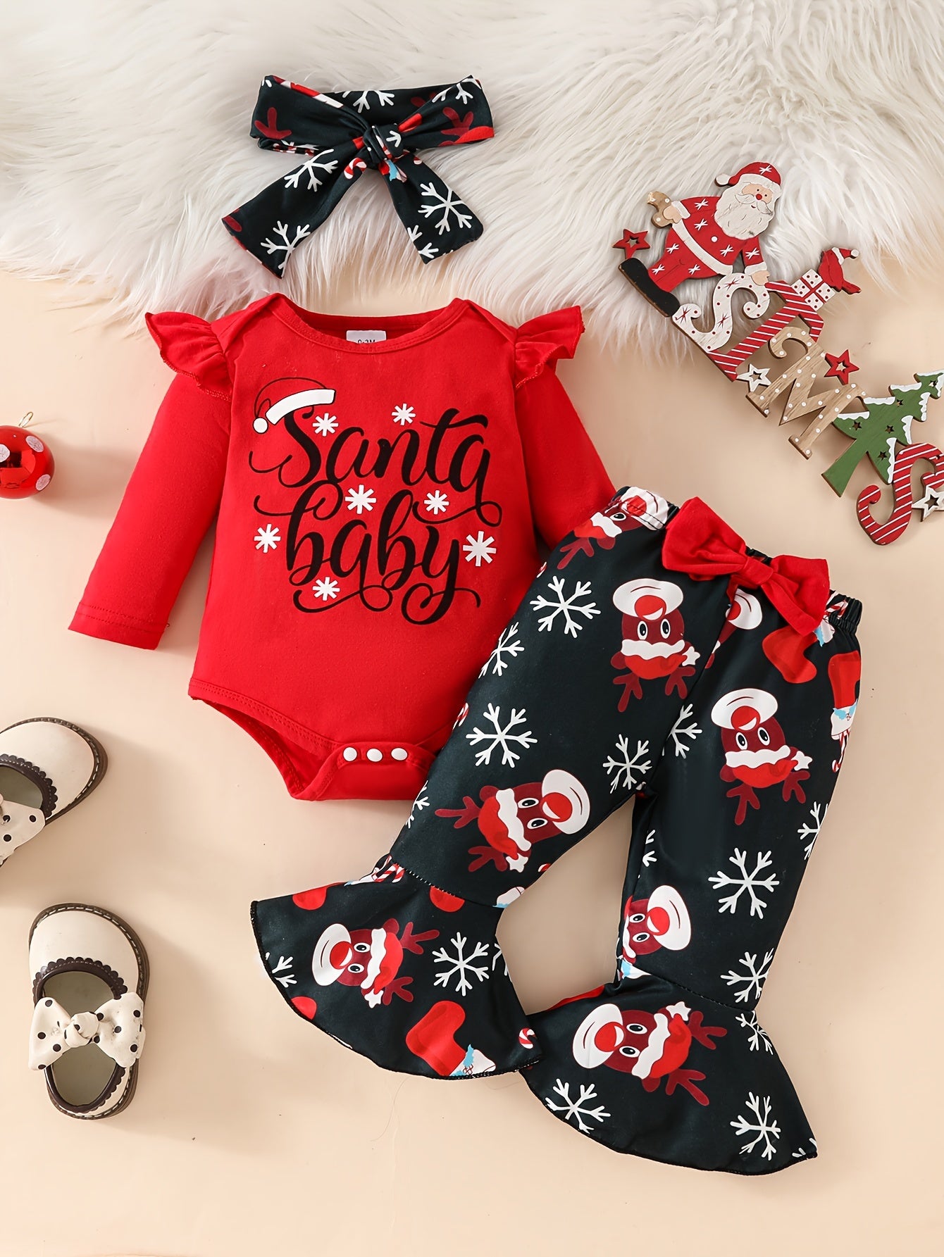 Christmas Letter Print Long Sleeve Shirt + Trumpet Pants + Headscarf Three-piece Set, Perfect for Outdoor