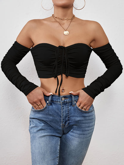 Chic Off Shoulder Ruched T-shirt with Adjustable Drawstring - Flattering Cropped Long Sleeve Top for Women