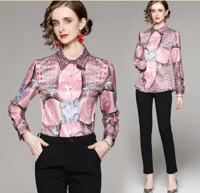 Designer Women Shirt Blouses Printed Silk Fabric Jacquard Texture Satin Classic Office Long Sleeve Elegant Basic Lapel Commuter Versatile Tops