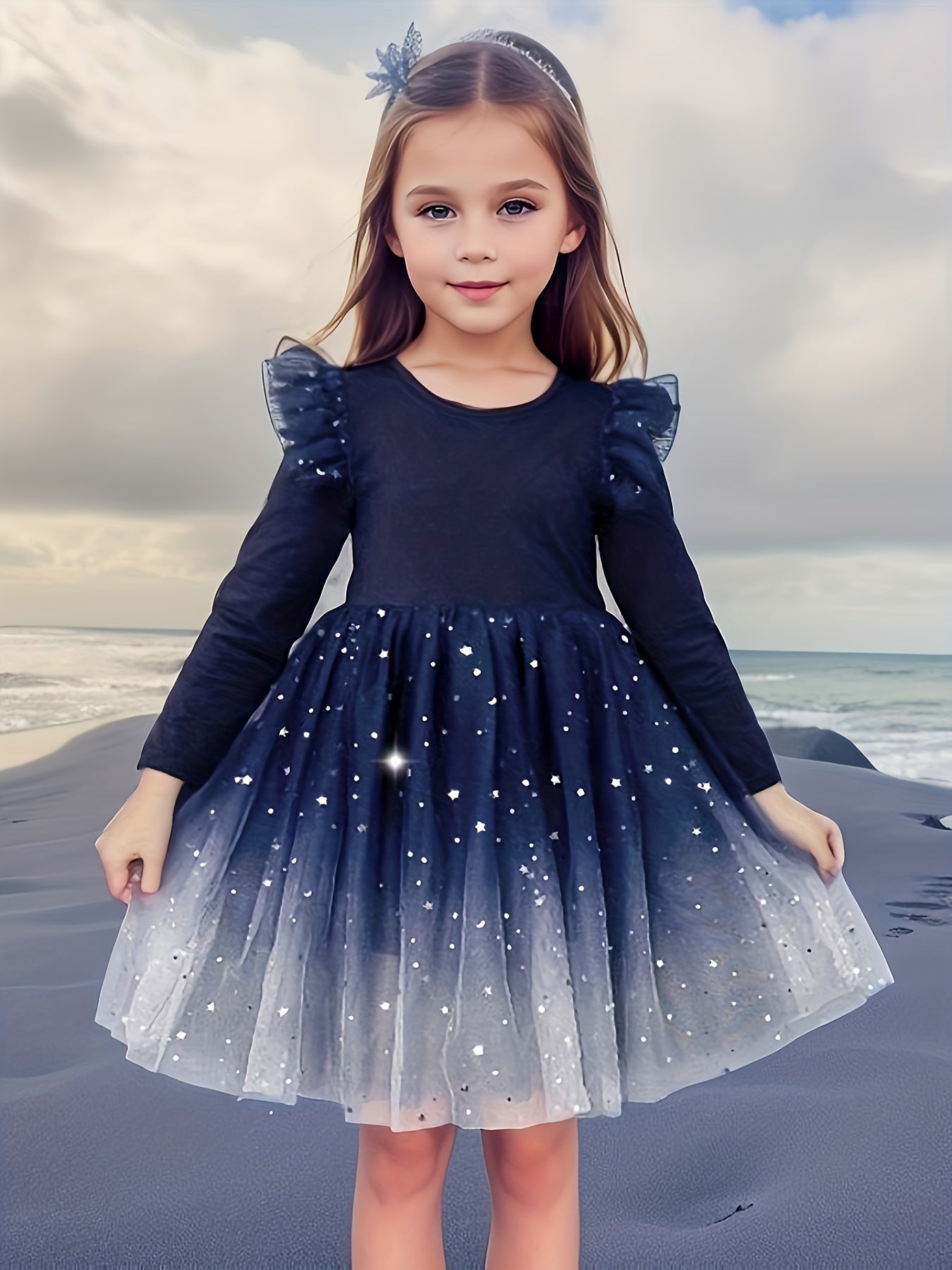 Starry Night Design Long Sleeve Sequin Flutter Trim Party Dress - Casual, Trendy, Elegant, and Sparkling for Christmas Gift and Celebration