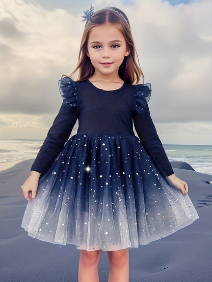 Starry Night Design Long Sleeve Sequin Flutter Trim Party Dress - Casual, Trendy, Elegant, and Sparkling for Christmas Gift and Celebration