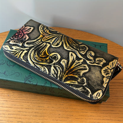 Retro Elegant Flower Pattern Long Wallet. Textured Zipper Around Coin Purse, Classic Large Capacity Credit Card Holder