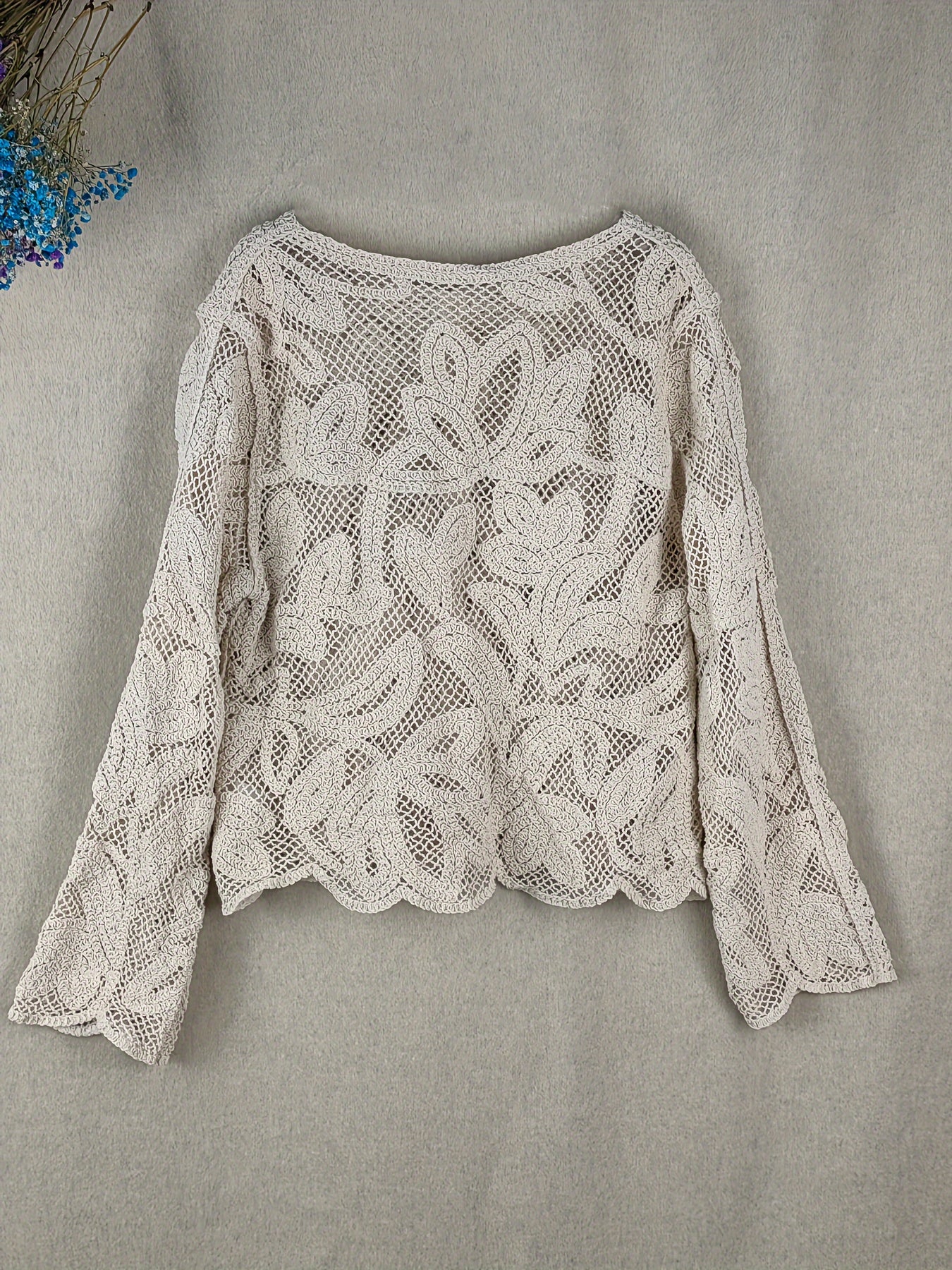 ZllKl Floral Pattern Lace Shirt, Casual Long Sleeve Scallop Trim Shirt, Women's Clothing