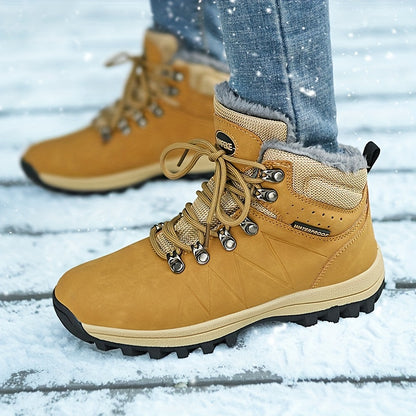 Men's High Top Solid Snow Boots, Warm Fleece Cozy Non-slip Ankle Boots Plush Comfy Outdoor Hiking Shoes Lined Trekking Shoes, Winter