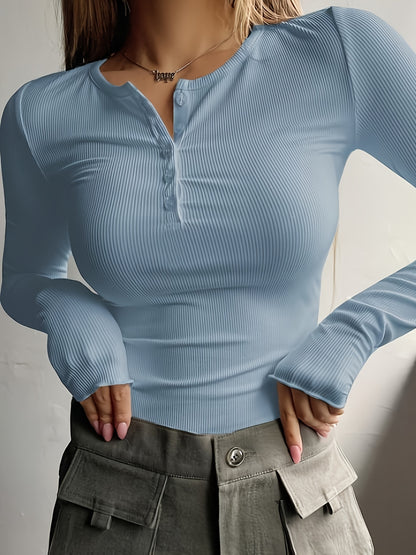 Chic Ribbed Keyhole Neckline Top – Women's Long Sleeve Knit T-Shirt, Perfect for Spring/Fall, Easy-Care & Comfy