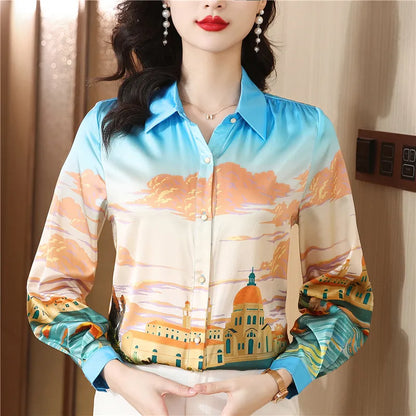 Luxury Designer Print Classic Satin Shirt Plus Size Women Fashion Long Sleeve Button Front Shirts  Spring Autumn Ladies Runway Lapel Blouse Elegant Silk Tops