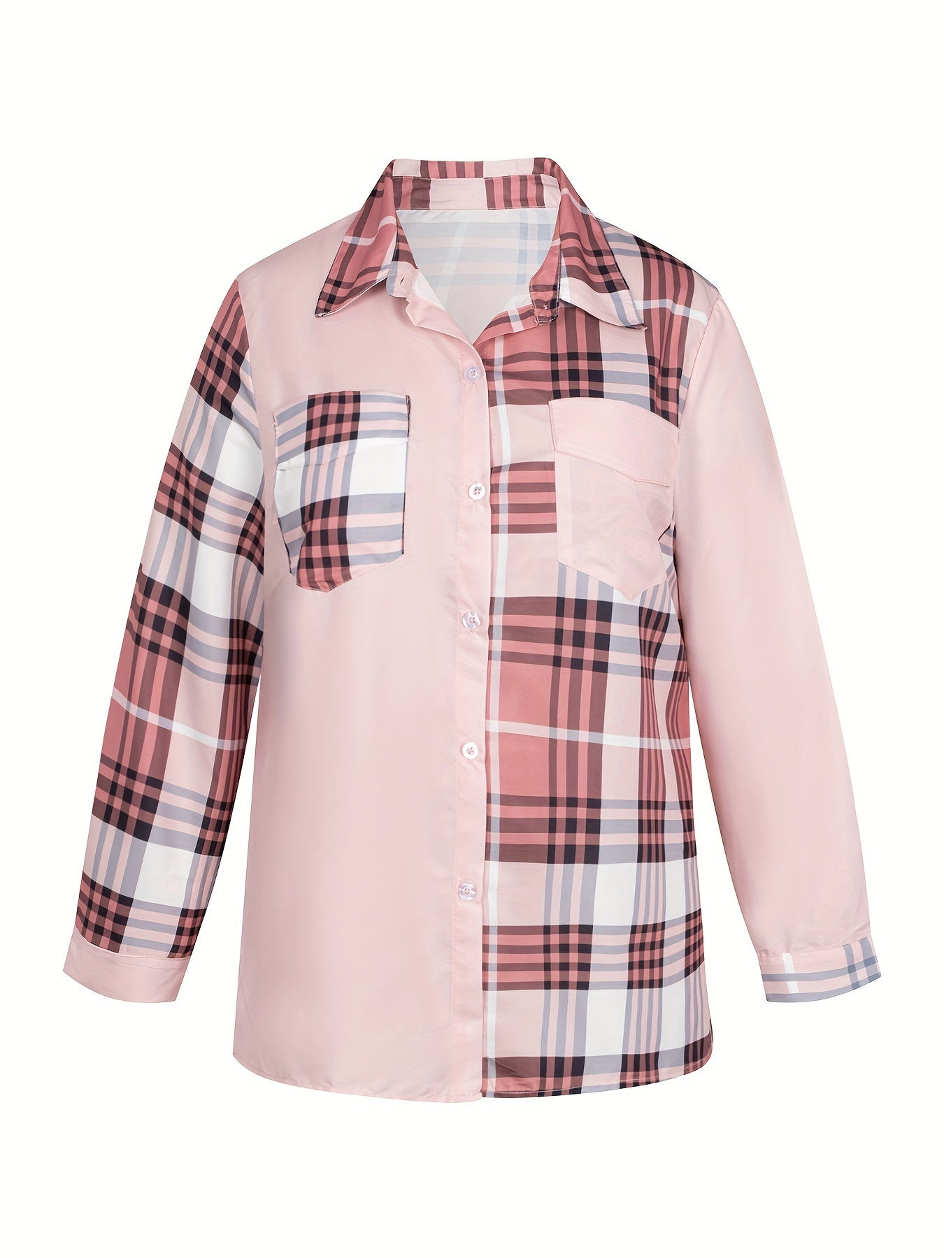 Plus Size Polo Collar Plaid Print Shirt - Long Sleeve, Button Front, Pocket, Non-Stretch Polyester Fabric - Casual Geometric Pattern Shirt for All Seasons