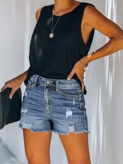 ZllKl  Ripped Raw Hem Whiskering Denim Shorts, Stretchy Distressed Slash Pocket Denim Shorts, Women's Denim Jeans & Clothing