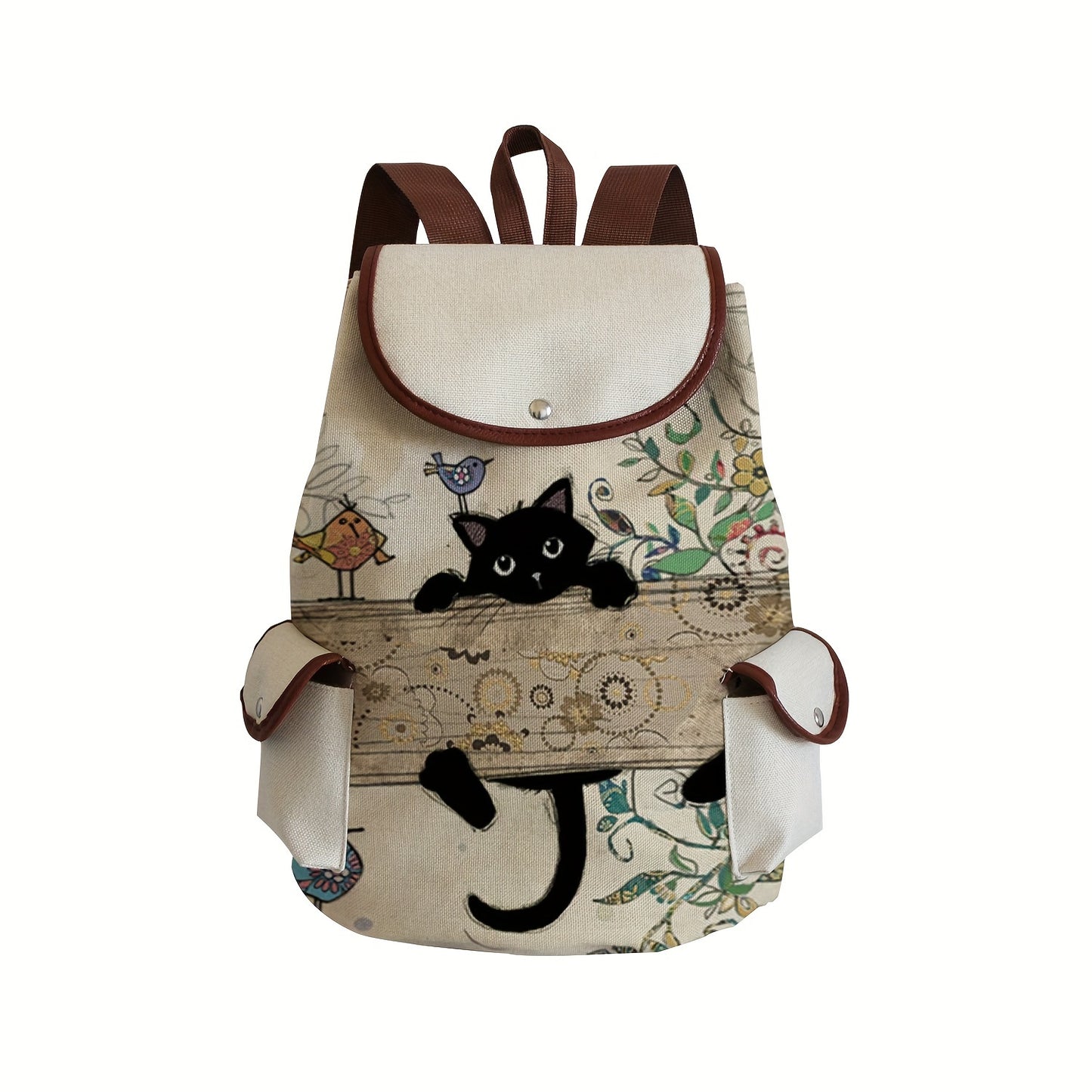 Cute Cartoon Black Cat Polyester Daypack Backpack with Drawstring Closure - Spacious Utility Pocket, Soft Shell, Water-Resistant, Perfect for Casual Leisure Travel, Daily Use, and as a Party Gift