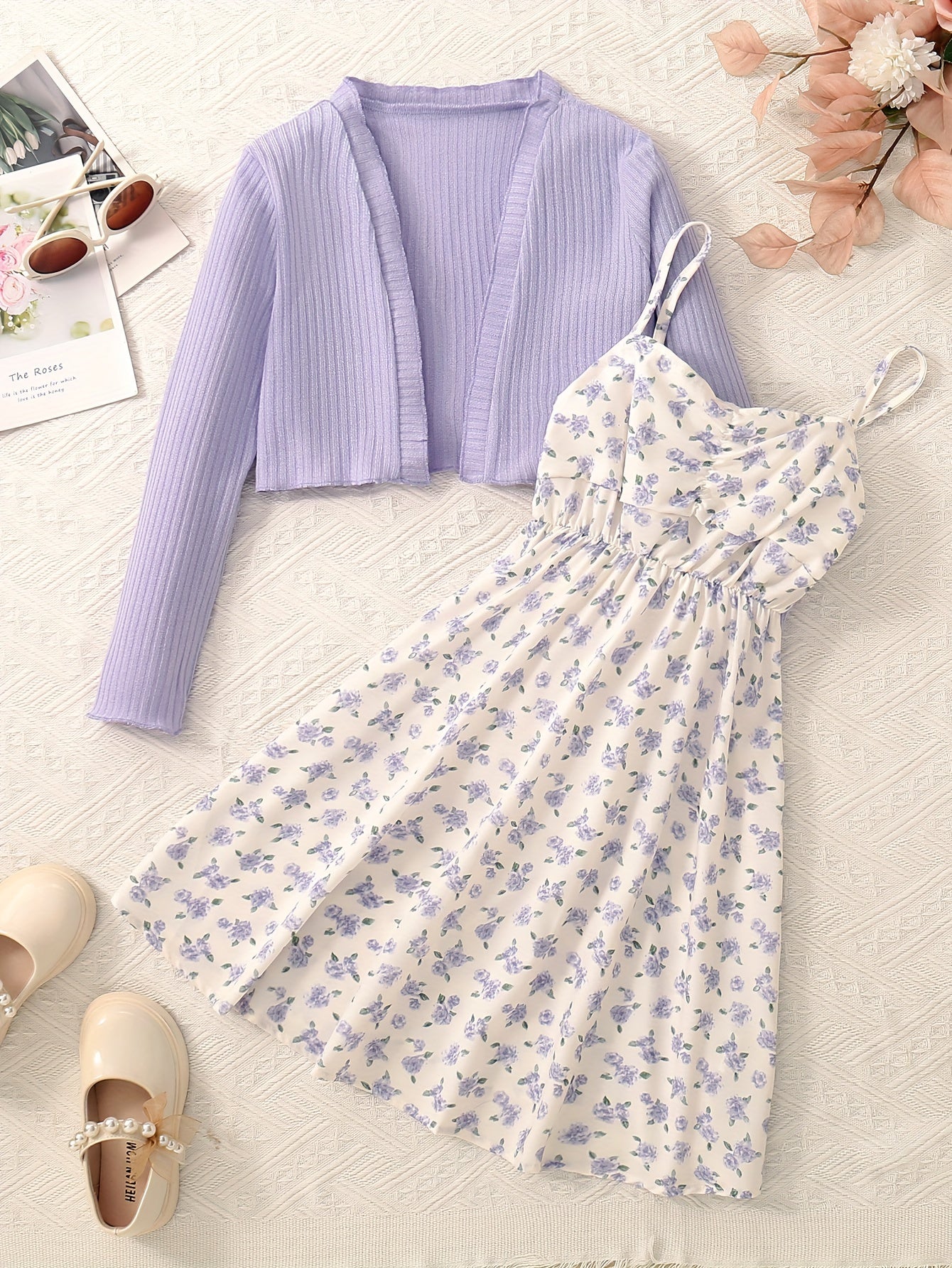 ZllKl 2-Piece Set for Girls: Charming Purple Floral Suspender Skirt & Cozy Long-Sleeved Knit Cardigan - Perfect for Casual & Special Occasions