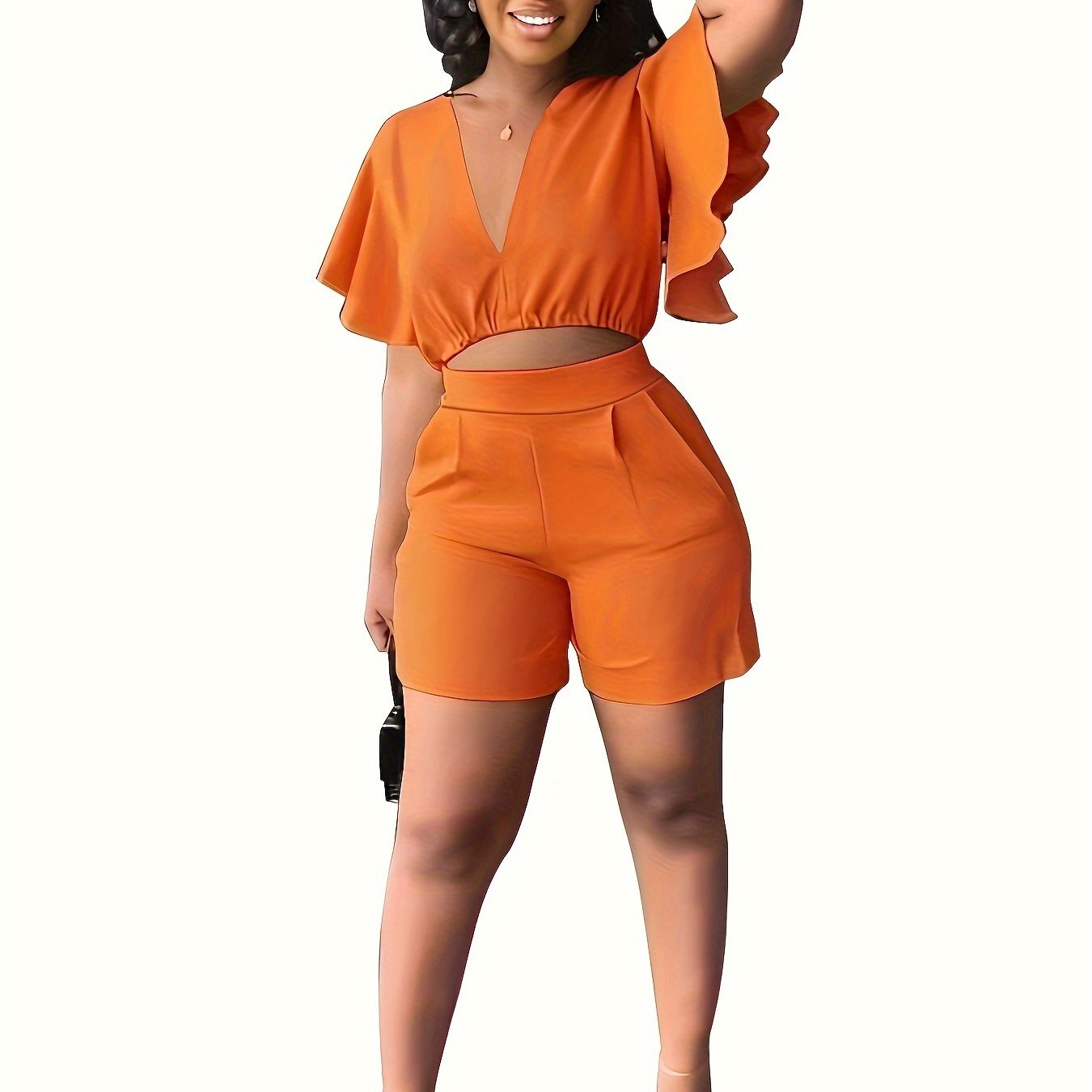 Chic Lightweight Two-Piece Set - Flirty Flutter Sleeve Crop Top & High Waist Shorts Outfit - Stretchy, Slimming Womens Clothing