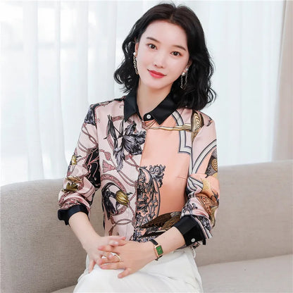 Women Fashion Print Pink Blouses Long Sleeve Vintage Ribbon Bow Shirt Ladies Classic Lapel Button Shirts Spring Autumn Woman Clothes Designer Blouse Cute Tops