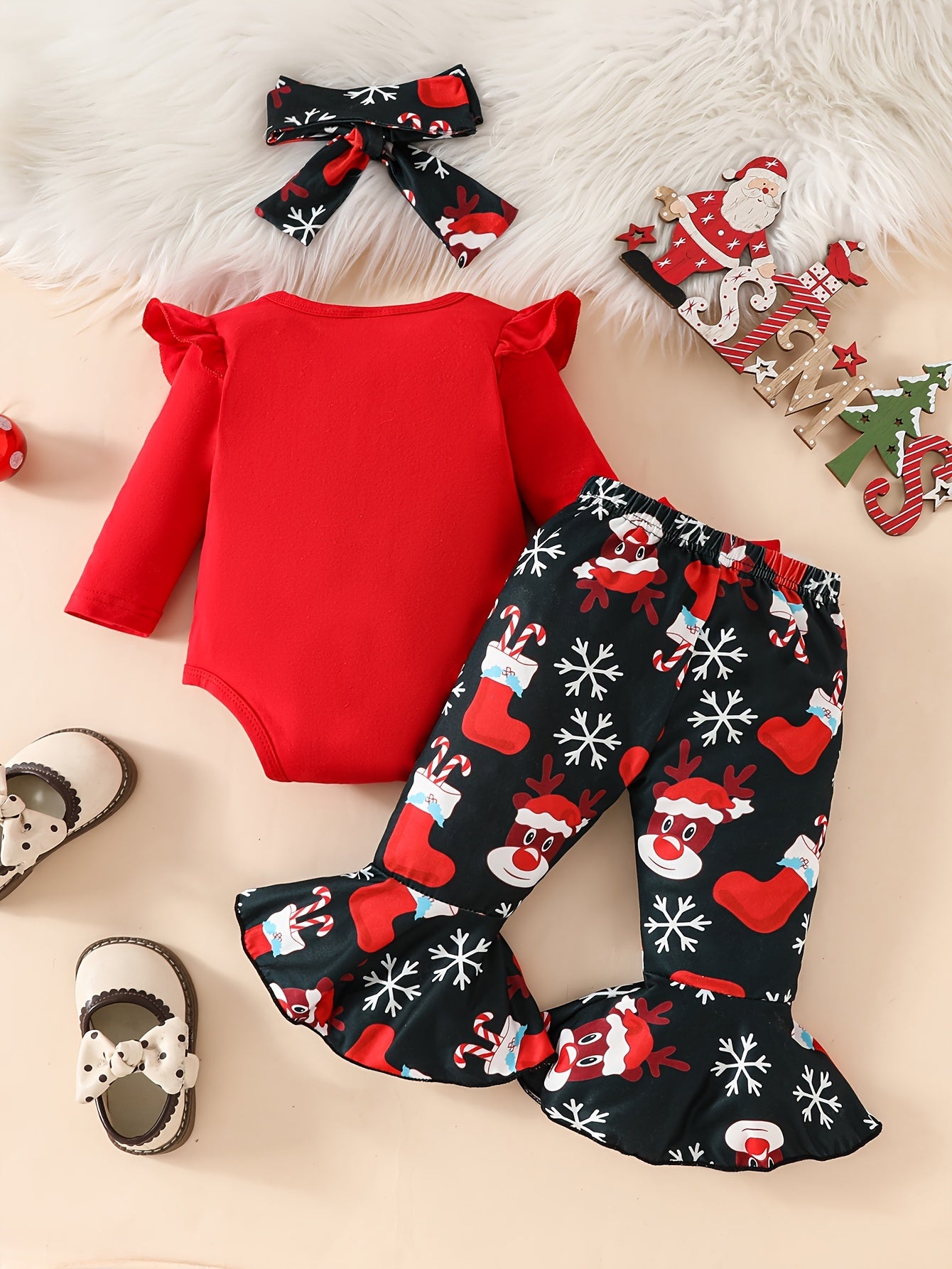 Christmas Letter Print Long Sleeve Shirt + Trumpet Pants + Headscarf Three-piece Set, Perfect for Outdoor