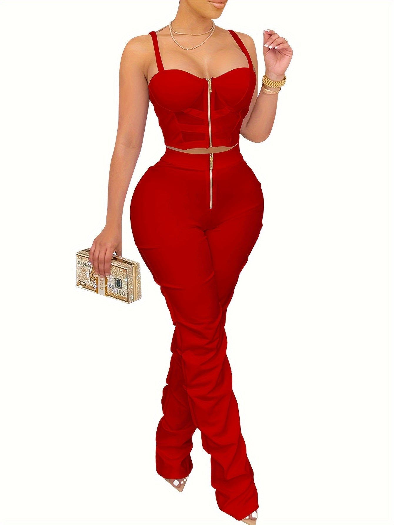 Solid Color Party Pantsuits - Eye-catching Zipper Front, Fitted Slim Crop Cami Top, High Waist, Ruched Pants, Vibrant Solid Color - Perfect for Womens Party Occasions, Stylish and Trendy Outfits for a Night Out