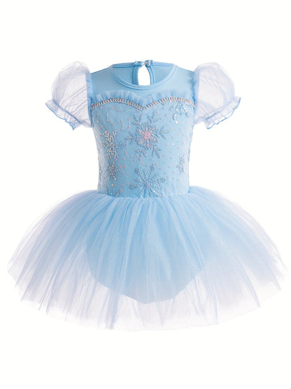 Sequins Embroidered Girls Ballet Dance Dress, Bubble Mesh Sleeve 1-piece Bodysuit Photograph Performance Dance Leotard