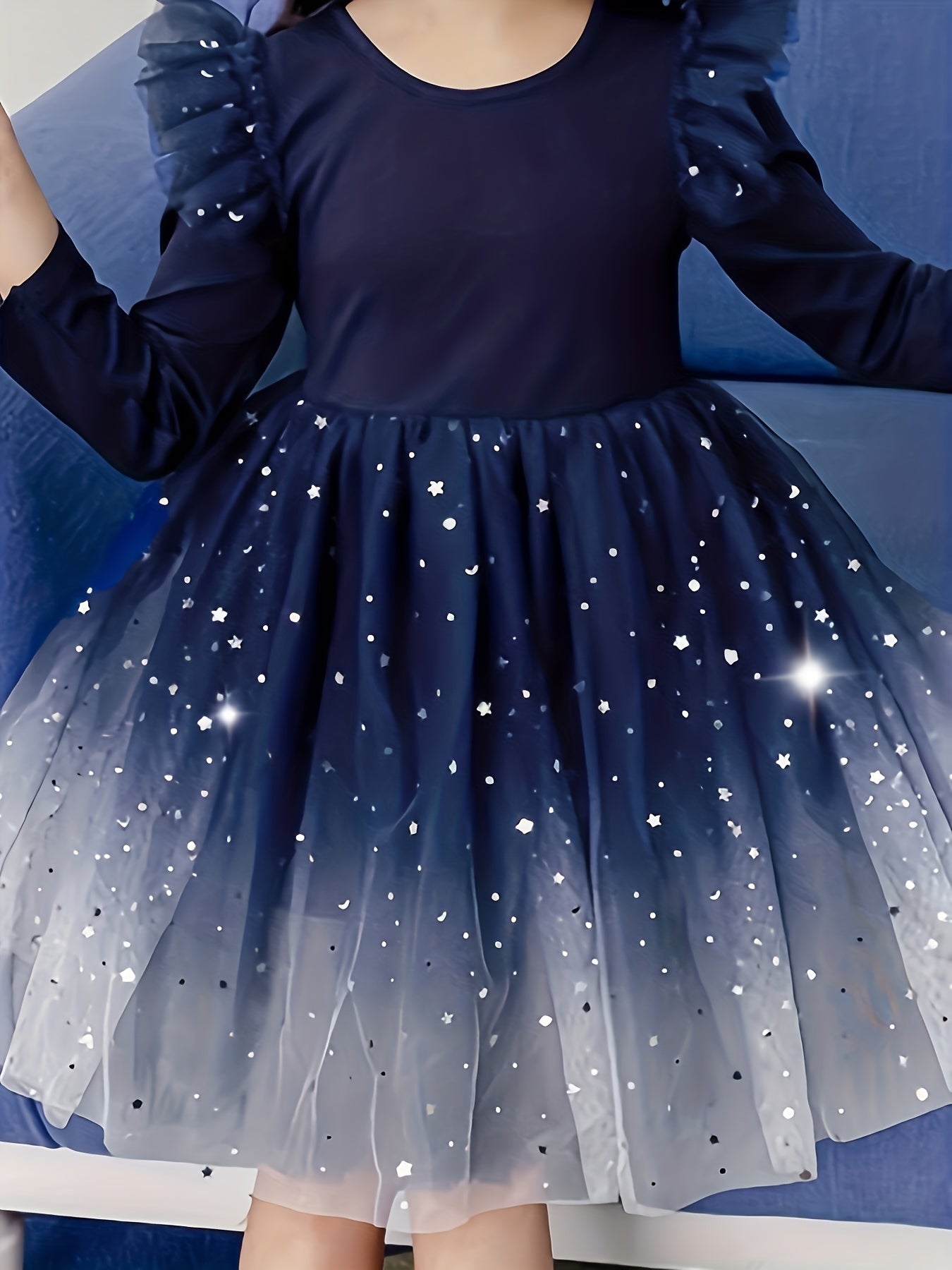 Starry Night Design Long Sleeve Sequin Flutter Trim Party Dress - Casual, Trendy, Elegant, and Sparkling for Christmas Gift and Celebration