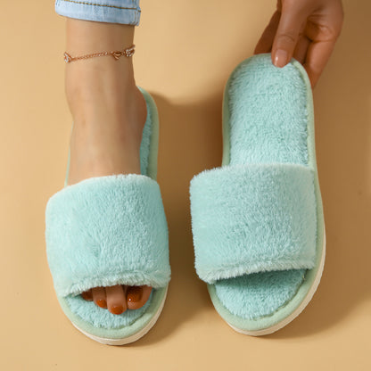 Winter Plush Open Toe Slippers, Solid Color Cozy & Warm Slip On Shoes, Comfy Indoor Floor Slippers