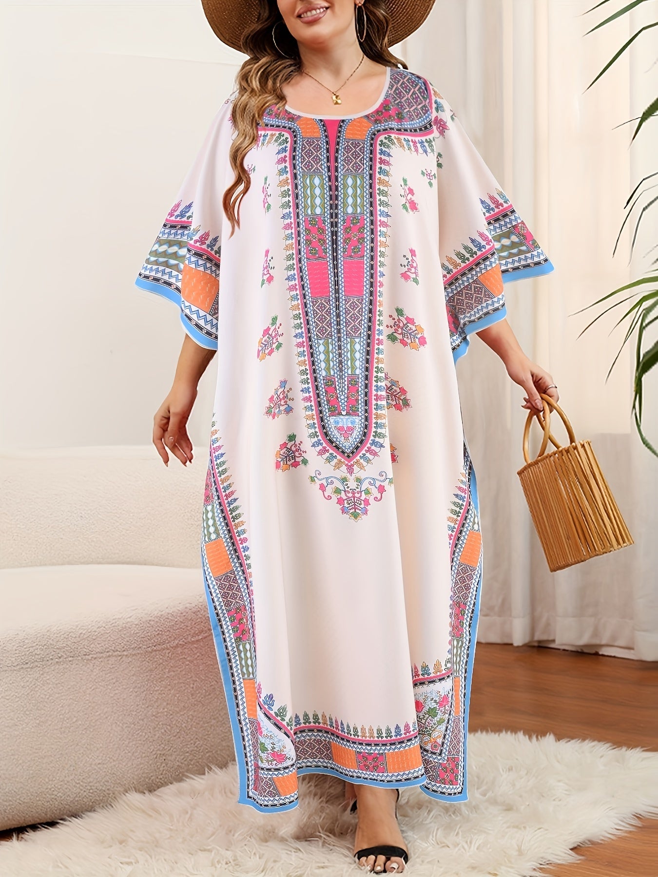 ZllKl Plus Size Geometric Pattern Kaftan Dress, Casual Crew Neck Batwing Sleeve Dress, Women's Plus Size Clothing