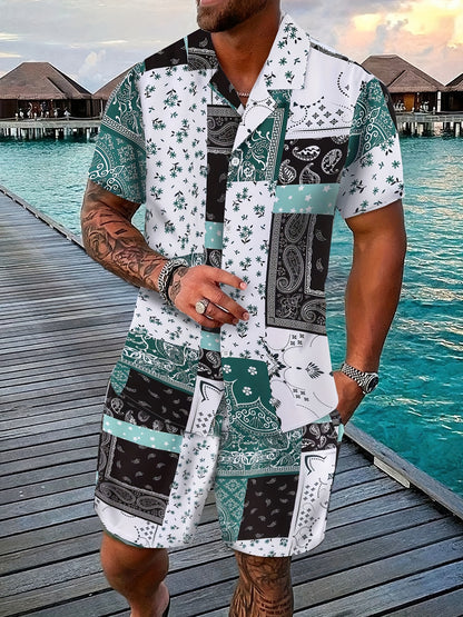 Fashionable Mens Paisley Print Short Sleeve Shirt & Shorts Set - Comfortable Resort-Ready Loungewear for Stylish Getaways - Two-Piece Ensemble