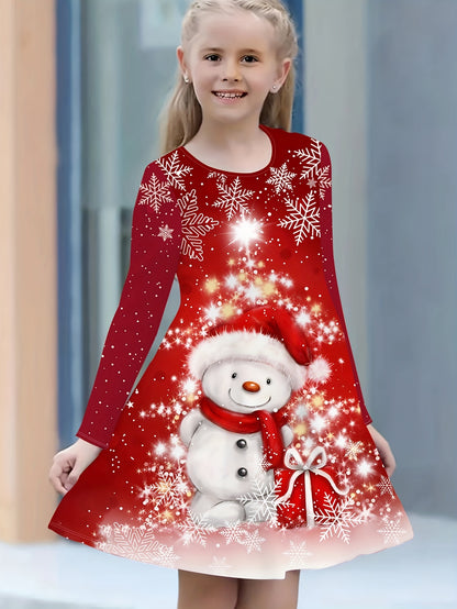 Girls' Christmas Snowman 3D Print Long Sleeve Dress, Knitted Polyester Fabric, Casual Style, Regular Fit, Stretchy, Cartoon Pattern, for Kids, Autumn/Winter Season