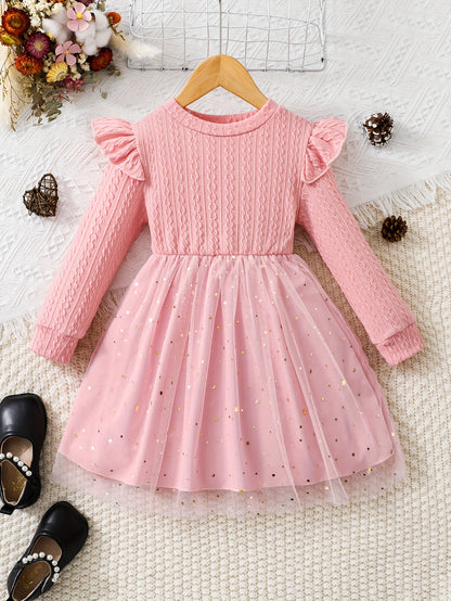 For Toddler Girls, Vintage Sequin Flutter Trim Long Sleeve Tutu Dress for Spring, Fall, Christmas Party Gift