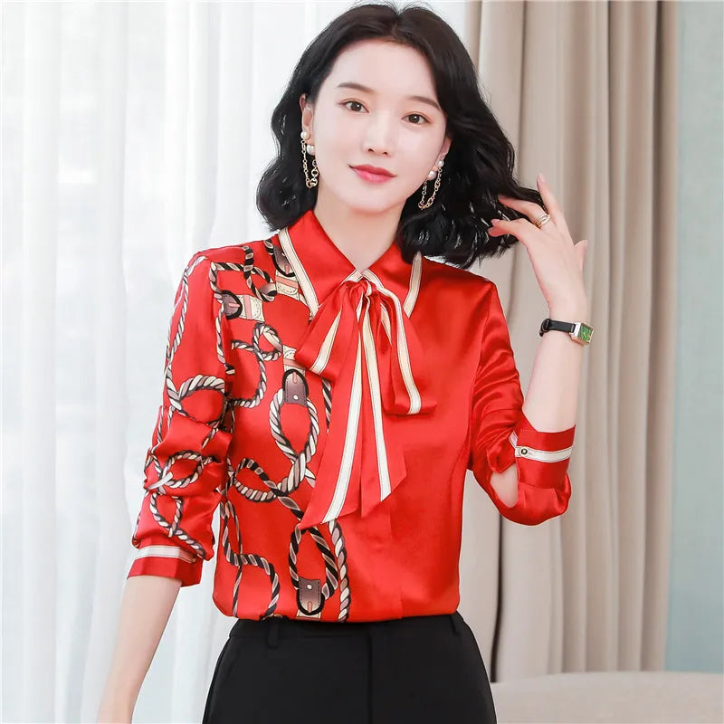 Women Fashion Print Pink Blouses Long Sleeve Vintage Ribbon Bow Shirt Ladies Classic Lapel Button Shirts Spring Autumn Woman Clothes Designer Blouse Cute Tops