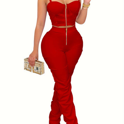 Solid Color Party Pantsuits - Eye-catching Zipper Front, Fitted Slim Crop Cami Top, High Waist, Ruched Pants, Vibrant Solid Color - Perfect for Womens Party Occasions, Stylish and Trendy Outfits for a Night Out