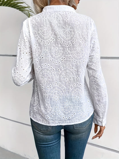 ZllKl Embroidered Button Front Shirt, Casual Notched Neck Long Sleeve Shirt For Summer, Women's Clothing