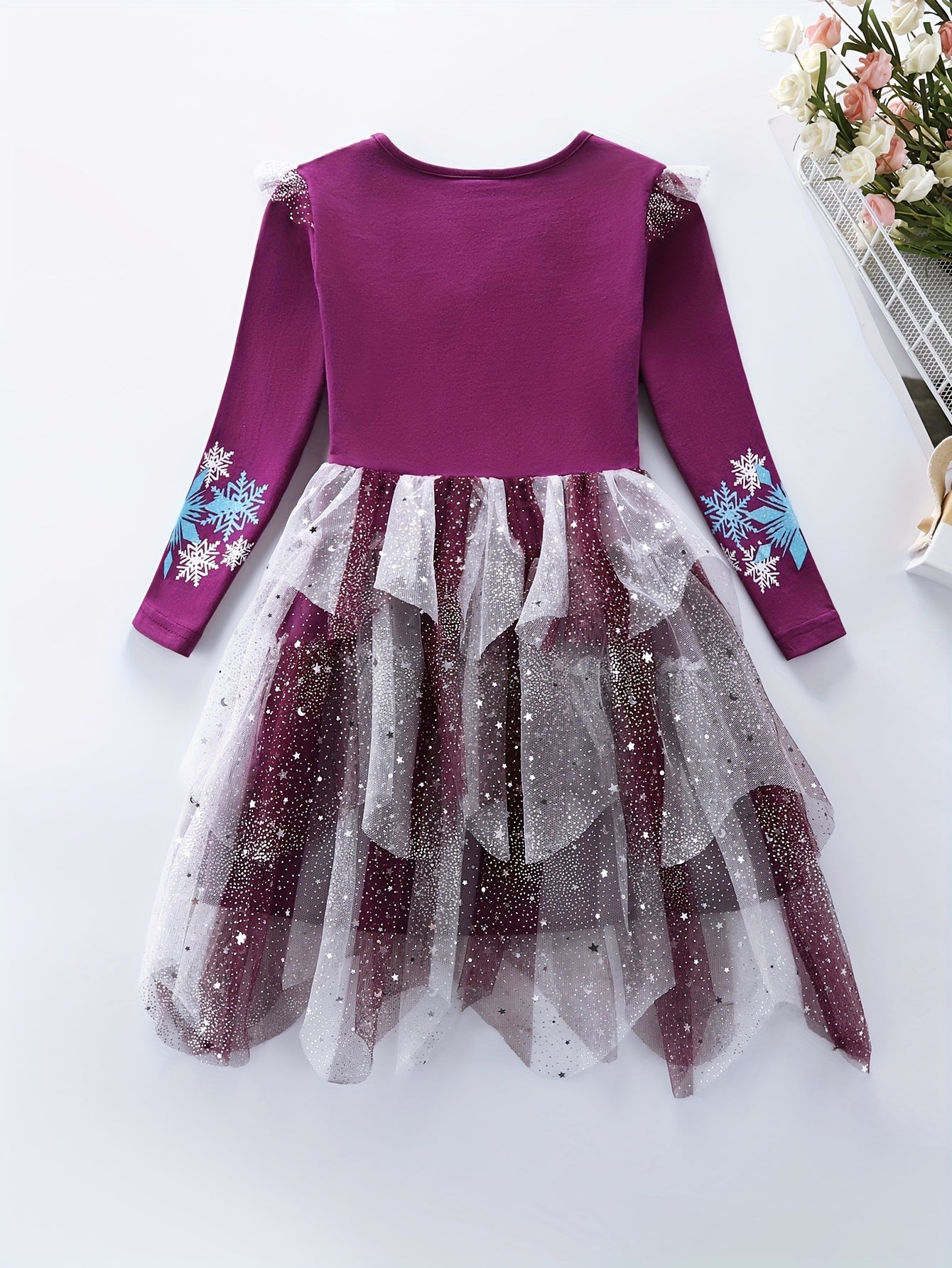 Girls Snowflake & Horse Print Stitching Star Mesh Dress, Perfect For Christmas And Holiday Dress Up Wear