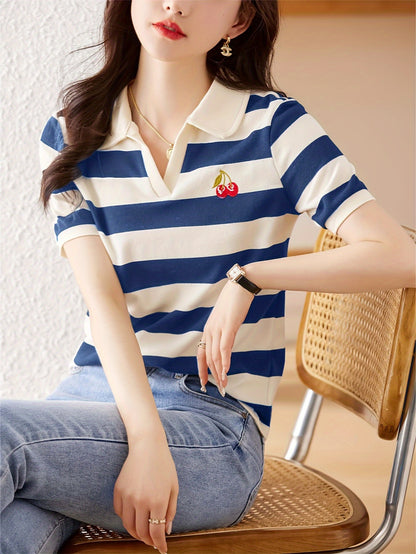 Cherry Pattern Striped Knitted T-shirt, Casual Notched Collar Short Sleeve Top, Women's Clothing