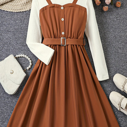 ZllKl Elegant Girls Splicing Frill Trim Long Sleeve Dress With Belt Spring Fall Gift Party