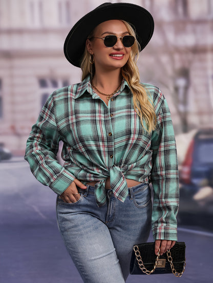 ZllKl Plus Size Plaid Print Shirt, Casual Long Sleeve Button Up Lapel Collar Loose Fit Shirt Top, Women's Plus Size Clothing