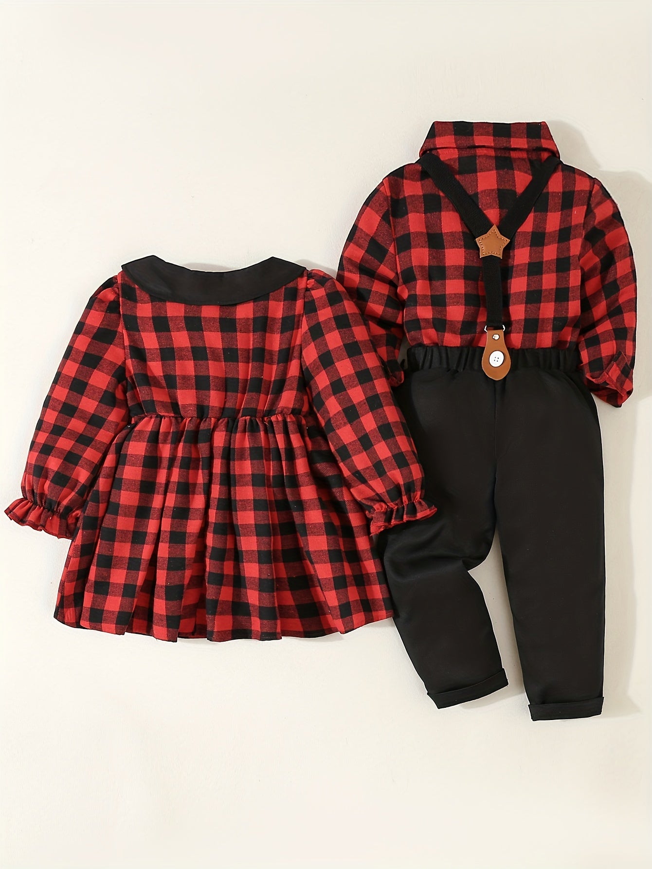 Youngsters's Brother and Sister Set, 1pc Not 2pcs, Please Purchase Boy or Girl Clothes Separately, Single Piece Girl Cute Doll Collar Red Plaid Waistline Long Sleeve Dress, 1 Set Boys Gentleman Suit Plaid Long Sleeve Shirt with Bow Tie + Casual Back Strap