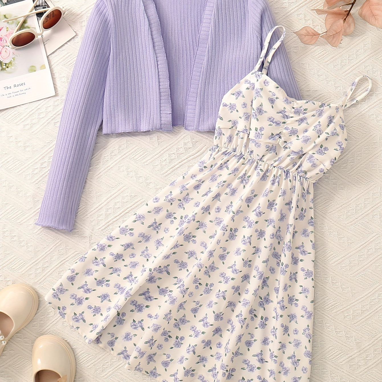 ZllKl 2-Piece Set for Girls: Charming Purple Floral Suspender Skirt & Cozy Long-Sleeved Knit Cardigan - Perfect for Casual & Special Occasions