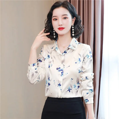 Luxury Designer Print Classic Satin Shirt Plus Size Women Fashion Long Sleeve Button Front Shirts  Spring Autumn Ladies Runway Lapel Blouse Elegant Silk Tops