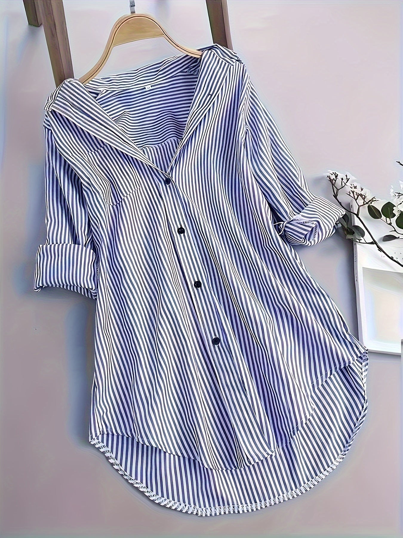 ZllKl Stripe Print Polo Collar Button Shirt, Casual Long Sleeve Shirt For Spring & Fall, Women's Clothing