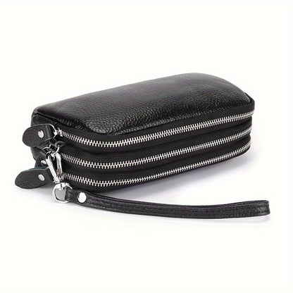 Genuine Leather Long Wallet For Women (17.48cm X 9.98cm X 3.99cm), Wristlet Zipper Coin Purse, Three Layers Mobile Phone Bag