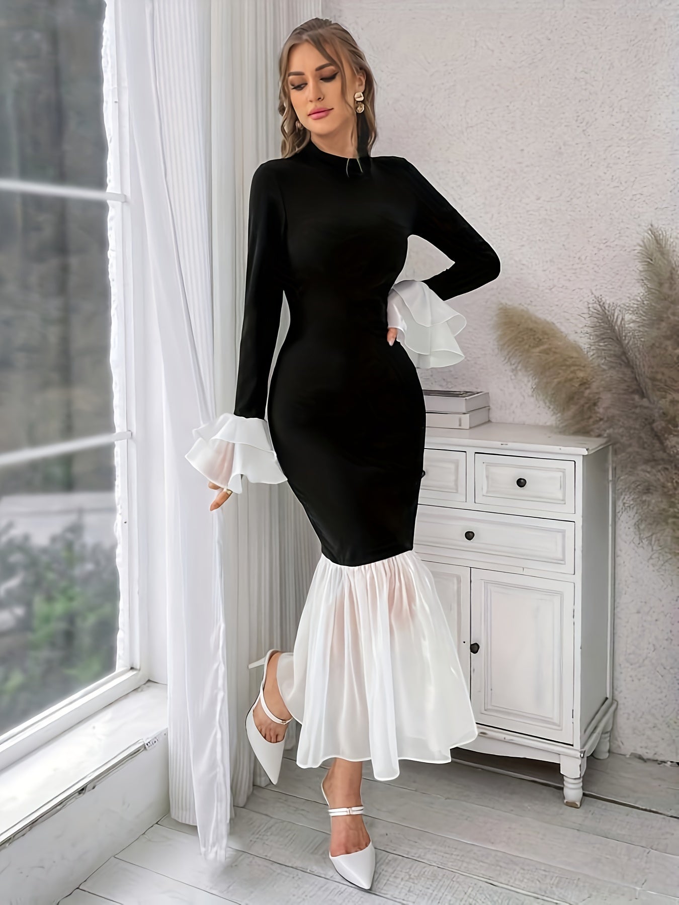 ZllKl Chic Color Block Bodycon Dress - Elegant Mock Neck with Long Sleeves - Perfect for Parties & Banquets - Trendy Women's Fashion