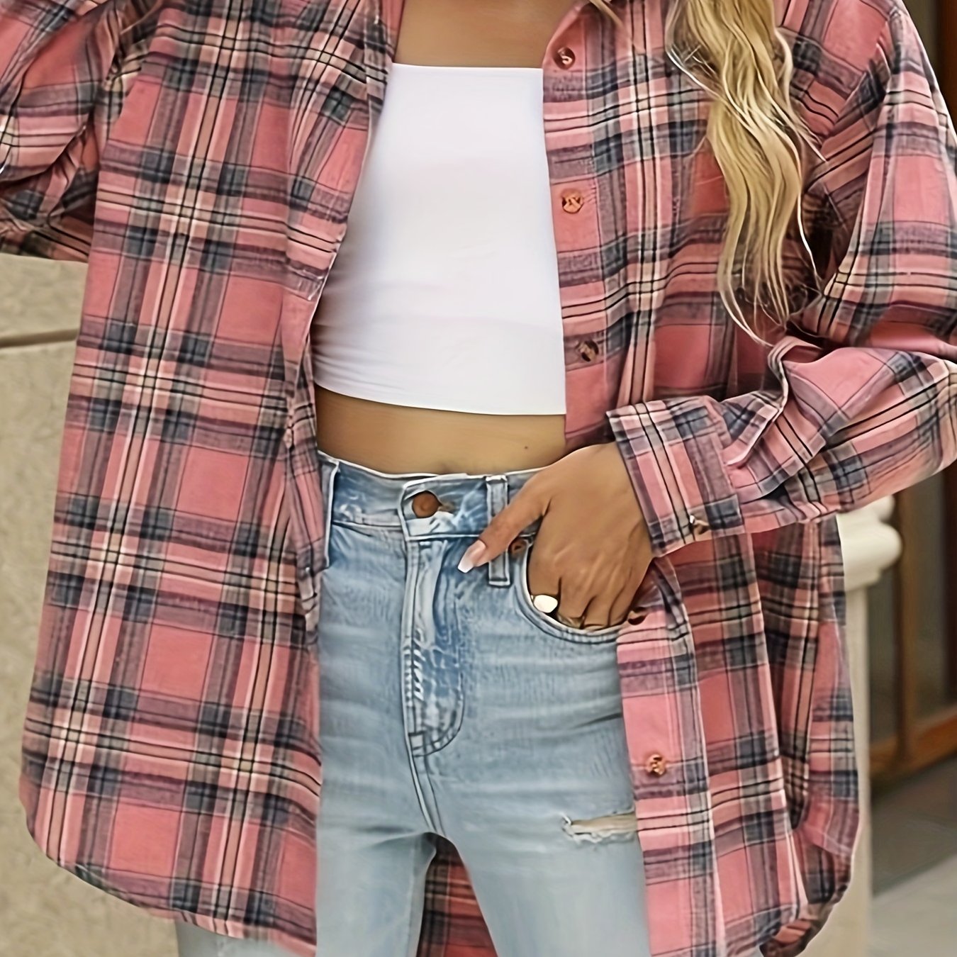 ZllKl Plus Size Plaid Print Shirt, Casual Long Sleeve Button Up Lapel Collar Loose Fit Shirt Top, Women's Plus Size Clothing