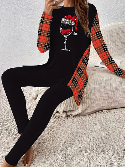 Christmas Print High-Low Hem Split Casual Top and Pants Set with Plaid Sleeves, Polyester Knit Fabric, Stretch Comfort Fit, Crew Neck - Casual Two-Piece Pantsuit for All Seasons