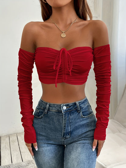 Chic Off Shoulder Ruched T-shirt with Adjustable Drawstring - Flattering Cropped Long Sleeve Top for Women