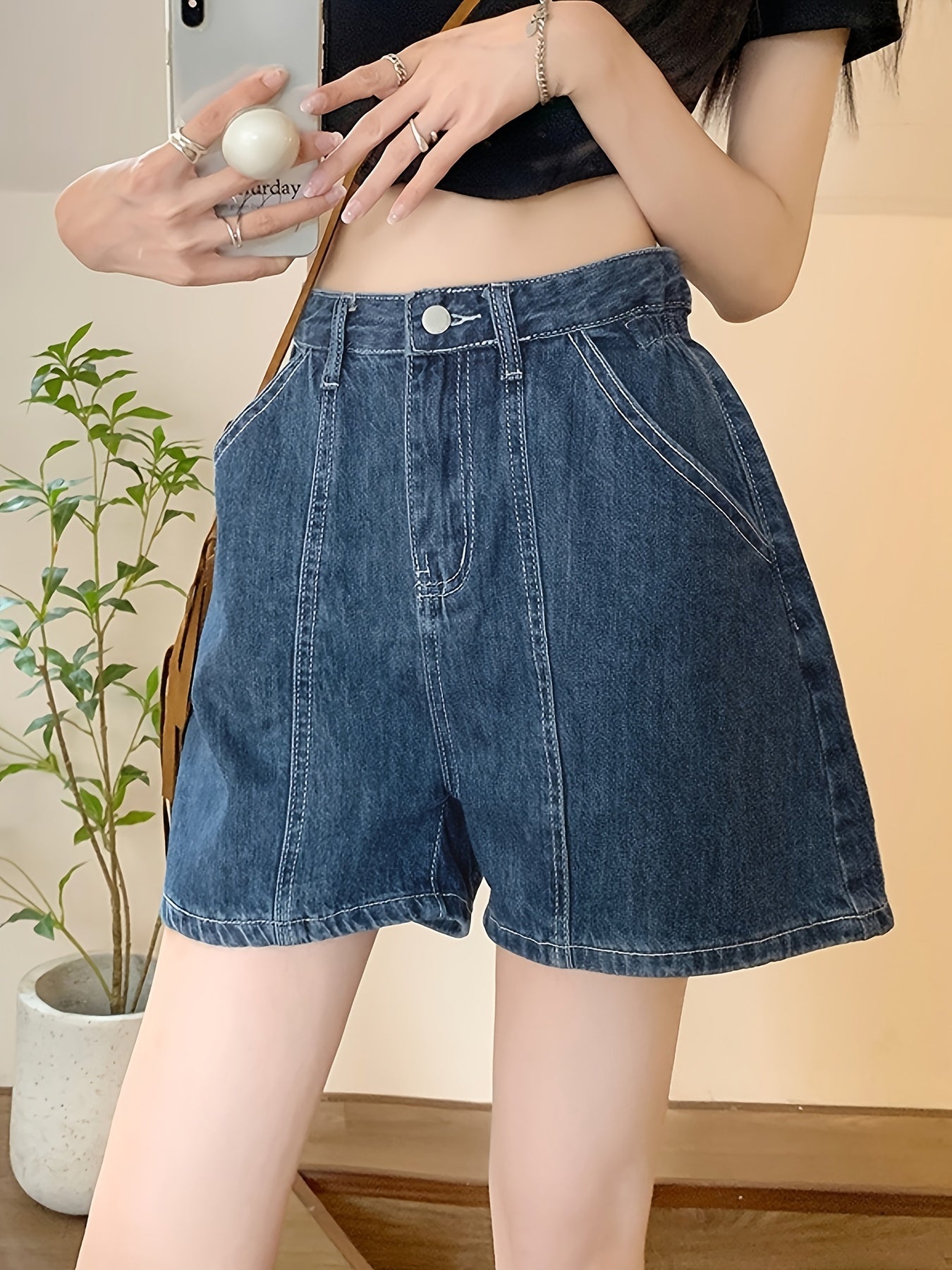 ZllKl  High-Waist Loose Fit Denim Shorts, Summer Casual Style, Plain Washed Blue Denim Shorts Trendy Fashion