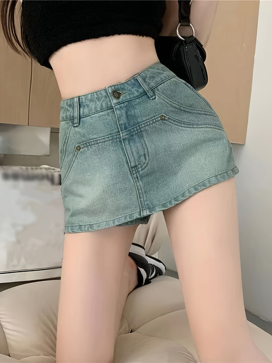 ZllKl  Hot Retro Style Mini Denim Shorts, Plain Washed Blue Denim Skorts, Women's Denim Jeans & Clothing