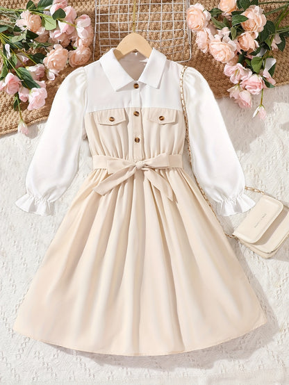 Color Splicing Long-Sleeve Shirt Dress For Girls, Spring/Fall Vacation Party Dresses Gift