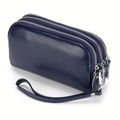 Genuine Leather Long Wallet For Women (17.48cm X 9.98cm X 3.99cm), Wristlet Zipper Coin Purse, Three Layers Mobile Phone Bag