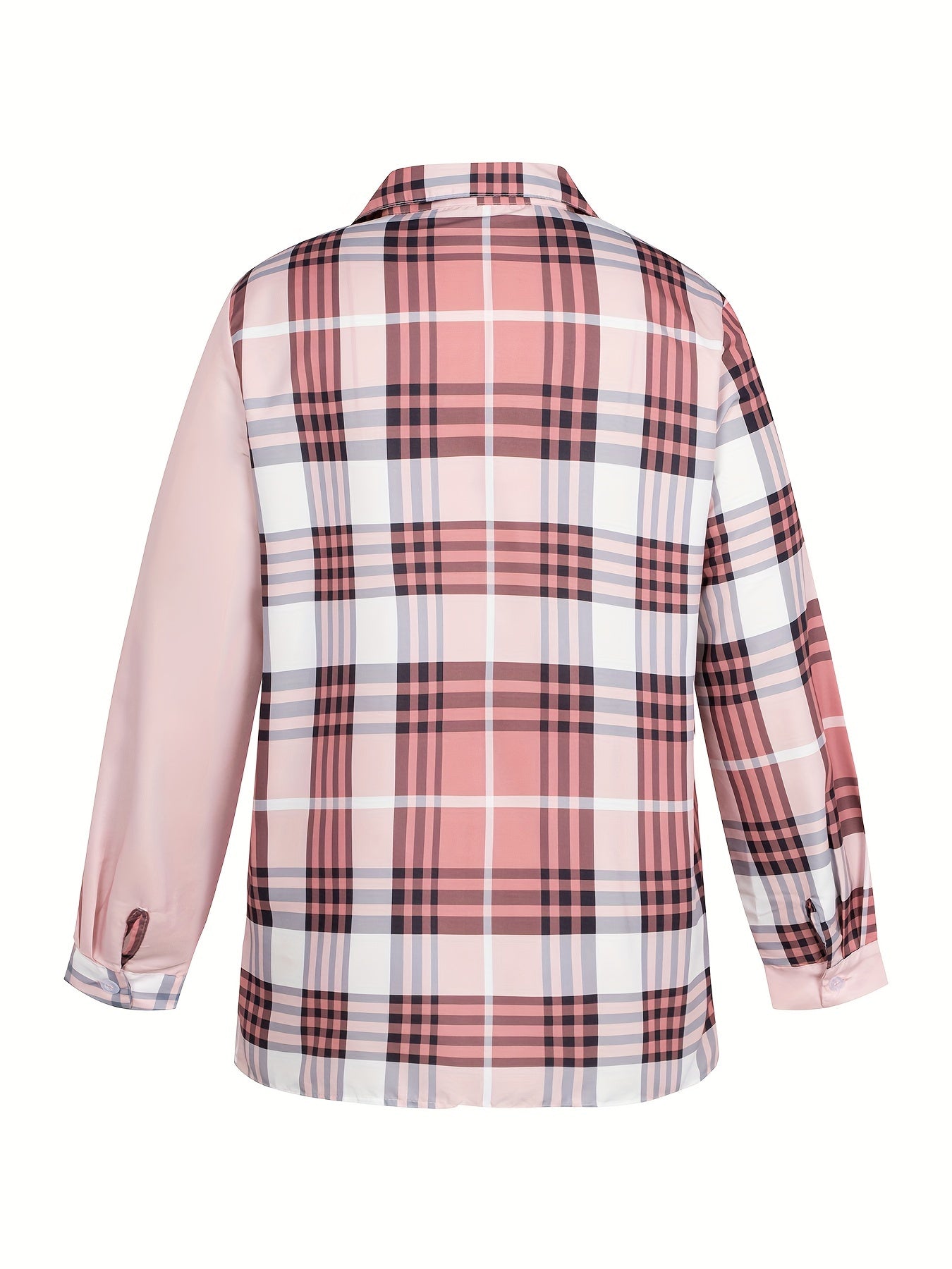 Plus Size Polo Collar Plaid Print Shirt - Long Sleeve, Button Front, Pocket, Non-Stretch Polyester Fabric - Casual Geometric Pattern Shirt for All Seasons