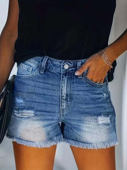 ZllKl  Raw Hem Washed Denim Shorts, Ripped Holes Slash Pockets Short Denim Pants, Women's Denim Jeans & Clothing